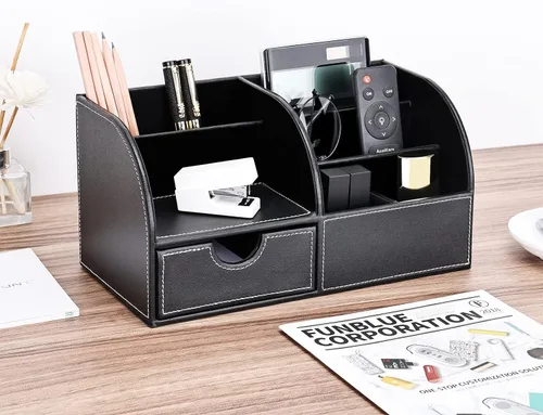 Miniatura 2 de Organizador de escritorio de polipiel con 7 compartimentos de almacenamiento para artículos de papelería, tarjetas de visita, lápices, bolígrafos
