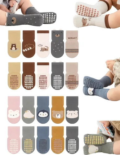 Miniatura 11 de Calcetines antideslizantes con empuñaduras para bebés, niñas y niños, calcetines de dibujos animados antideslizantes para bebés, 10 pares