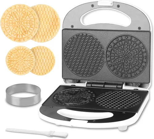 SugarWhisk Mini máquina para hacer pizzelas con un cortador de 3 pulgadas, mini plancha Stroopwafel, hornear 2 pizzelles de 4 pulgadas o