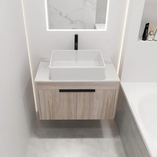 Miniatura 3 de Combinación de tocador de baño de 30 pulgadas con lavabo, moderno tocador flotante montado en la pared con lavabo de cerámica y puerta de cierre