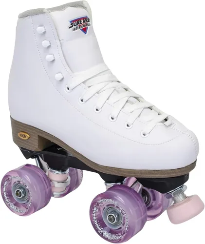 Sure-Grip Fame White - Patines unisex para exteriores con ruedas de movimiento rosa, bota vegana con forro de microfibra, placas de nailon y