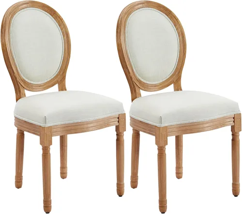 Juego de 2 sillas de comedor francesas con respaldo redondo, sillas de comedor tapizadas de mediados de siglo con patas de madera maciza para Beige