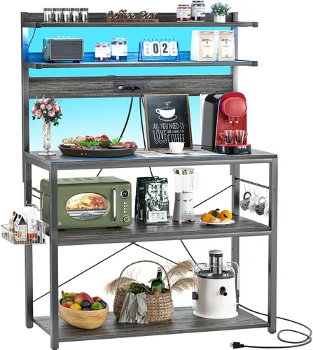 Miniatura 9 de Aheaplus - Estantería de cocina con toma de corriente, soporte para microondas, estación de café de 5 niveles con luces LED, estante