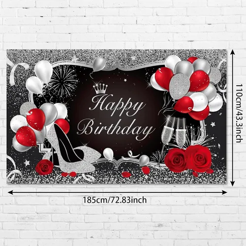 Miniatura 2 de Irenare Cartel de feliz cumpleaños rojo telón de fondo rojo decoración para mujeres y hombres, pancarta negra para suministros de fiesta, globos