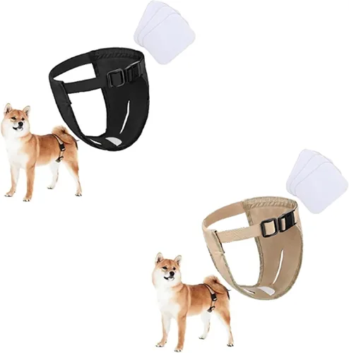 Pañales para perras en celo, reutilizables, 2 unidades de pantalones para perro con 6 pañales de reemplazo, de malla transpirable lavables (negro y