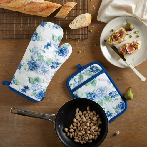 Miniatura 2 de Martha Stewart Juego de 2 manoplas de horno y agarraderas florales ámbar, azul/verde, OM: 7"x13" y PH: 7"x10