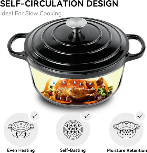 Miniatura 4 de Miereirl Olla Holandesa Esmaltada de 6 Cuartos con Tapa, Horno Holandés de Hierro Fundido con Asas Dobles para Hornear Pan, Cocinar, Utensilios