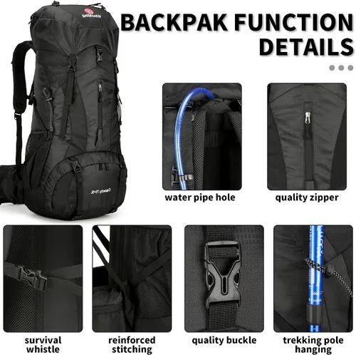 Miniatura 5 de Mochila de senderismo para hombres y mujeres, 70L+5L, impermeable, ligera, mochila de camping con cubierta de lluvia, sin marco (negro, b)