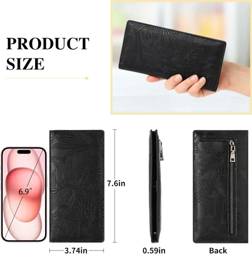 Miniatura 6 de FALAN MULE Cartera delgada ultrafina para mujer, de cuero plegable, bloqueo RFID, tarjetero de diseño, Negro
