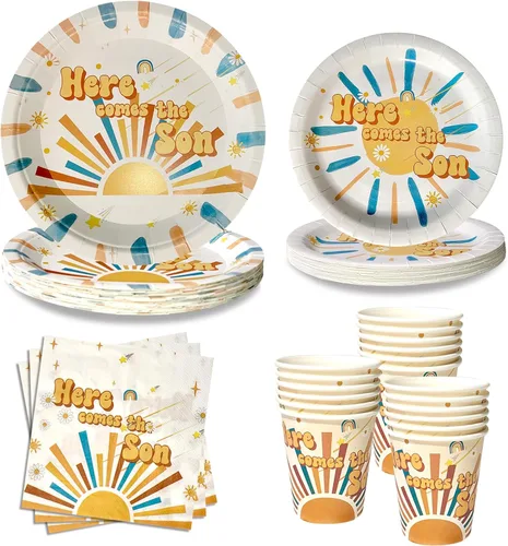 Las decoraciones de Baby Shower Here Comes The Son incluyen platos de papel, servilletas, vasos, suministros desechables para fiestas de almuerzo y