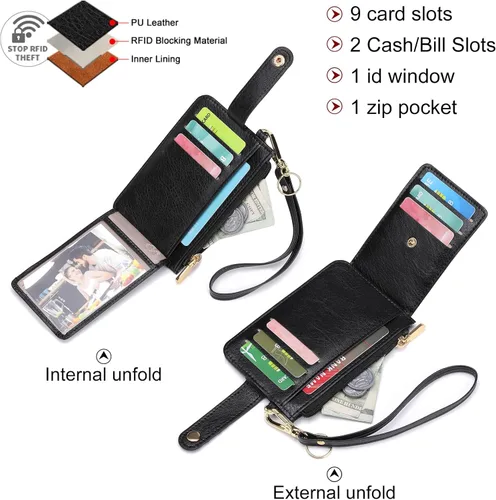 Miniatura 2 de SENDEFN Cartera delgada de piel con bloqueo RFID para tarjetas de crédito con bolsillo con cremallera