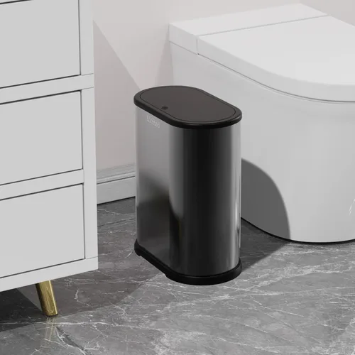 Miniatura 4 de KSSKSS Cubo de basura pequeño de acero inoxidable de 1.8 galones con tapa tipo prensa, cubo de basura delgado para baño, cubo de revestimiento Negro