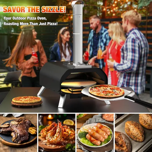 Miniatura 8 de Horno de Pizza para Exteriores de 12 Pulgadas, Hornos de Pizza de Pellets de Madera con Piedra para Pizza Giratoria de 360°, Estufa de Pizza