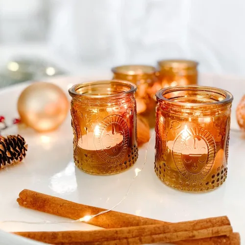 Kate Aspen Juego de 4 portavelas de cristal ámbar vintage, portavelas para decoración del hogar, decoración de mesa de otoño, velas de baño,