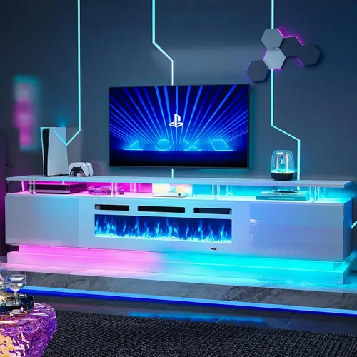Miniatura 10 de Soporte de TV de alto brillo de 70 pulgadas con 2 armarios laterales, consola de TV moderna y elegante con luces LED de 3 capas, consola multimedia