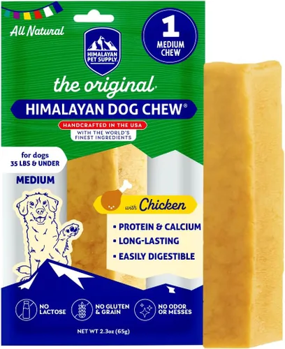 Himalayan Dog Chew Original Yak Cheese Chew, pollo, 1 barra mediana, 2.3 onzas, sin gluten, golosinas saludables, sin granos ni lactosa, 100%