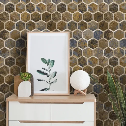 Miniatura 6 de STICKGOO Azulejo Hexagonal de Pelar y Pegar para Salpicadero, Salpicadero Adhesivo para Cocina y Baño, Aspecto de Pizarra Oxidada PVC Mezclado Metal