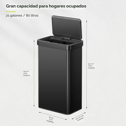 Miniatura 2 de EKO Nova - Papelera con sensor, 21 galones/80 litros, acero inoxidable, rectangular, sin contacto, con sensor de movimiento, negro mate