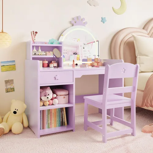Miniatura 8 de GarveeHome Tocador para niños con luces, gabinete de almacenamiento y espejo plegable desmontable con luz táctil, juego de mesa y silla para niños