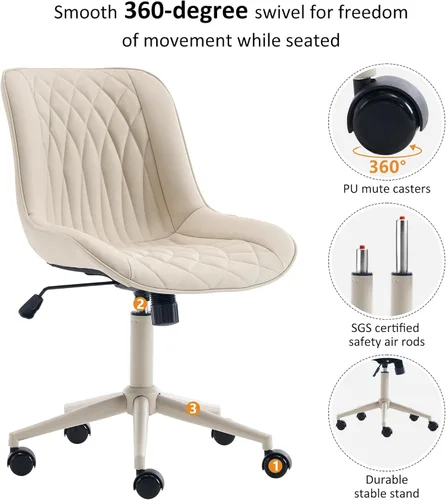 Miniatura 4 de YOUNIKE Silla de escritorio de oficina en casa con ruedas, silla de tocador sin brazos con respaldo cómoda y moderna tapizada de cuero, silla Crema
