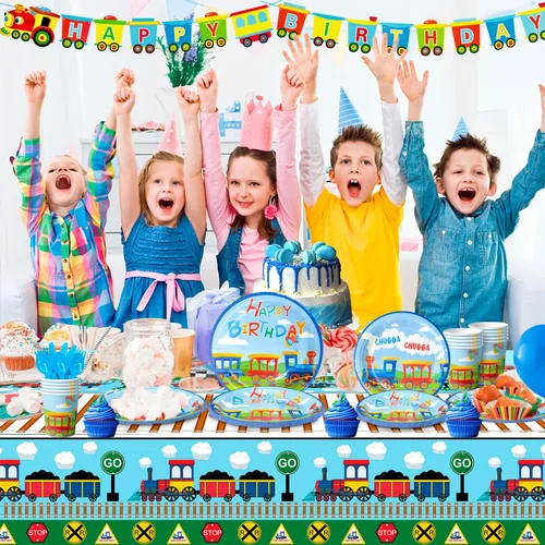 Miniatura 4 de Suministros para fiesta de cumpleaños de tren, juego de vajilla de 128 piezas para decoración de fiesta de tren, platos y tazas, servilletas, tren