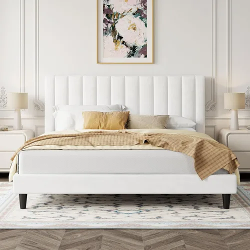 Miniatura 17 de Allewie - Base de cama tamaño King con cabecera acolchada tapizada en terciopelo y diseño acanalado vertical; plataforma de cama con resistentes