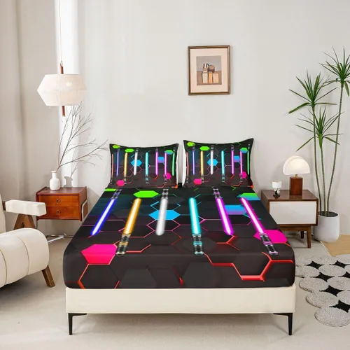 Miniatura 5 de Juego de ropa de cama con sable de luz geométrico, tamaño individual, color azul neón y morado, diseño de panal claro, para niños, niñas y hombres