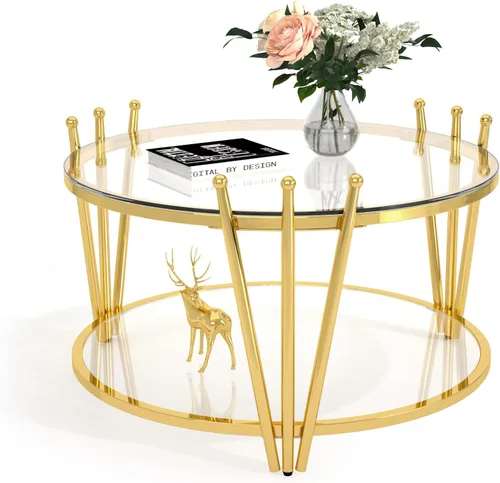 Miniatura 8 de Mesa de centro redonda de cristal dorado de 31.5 pulgadas para sala de estar, diseño moderno de corona de acero inoxidable, mesa de centro pequeña