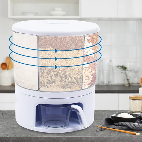 Miniatura 7 de Dispensador de cereales giratorio de 360°, salida de arroz con un solo clic, taza de tanque multigrano redonda visible, contenedor de arroz seco