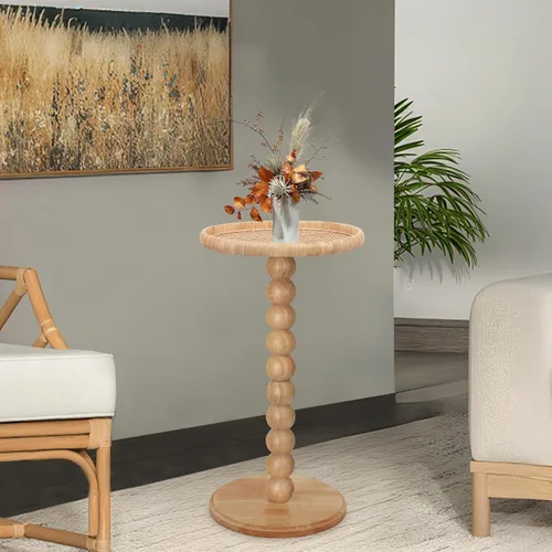 Miniatura 4 de Mesa de bebidas, mesa auxiliar redonda pequeña de ratán bohemio para espacios pequeños, mesa auxiliar circular de madera maciza para sala de estar