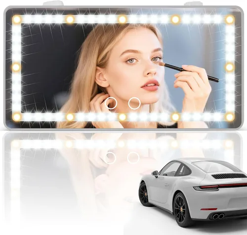Miniatura 20 de SINGARO Espejo de tocador con visera solar para automóvil, espejo de maquillaje recargable con 60 LED, 3 modos de luz y control táctil regulable