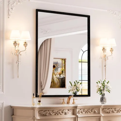 Miniatura 47 de WEER - Espejo de baño dorado, espejo de 40x32 pulgadas con marco de metal dorado cepillado, espejo de tocador de baño de oro para pared