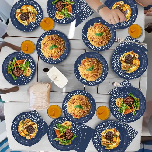 Miniatura 5 de Decoraciones de fiesta azules y plateadas, 168 platos azules y servilletas, suministros de fiesta, platos de cumpleaños azul marino para 24