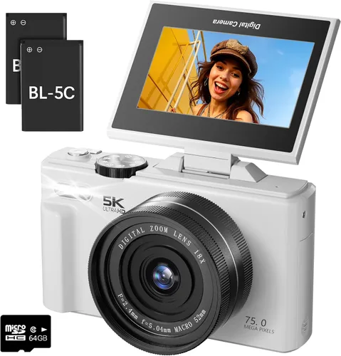 Miniatura 8 de Cámara digital 5K para fotografía – Cámara de vlogging de enfoque automático de 75 MP con tarjeta SD de 64 GB, WiFi, zoom de 18X, pantalla abatible