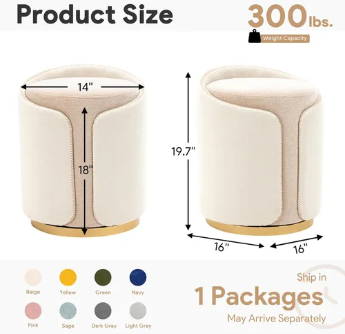 Miniatura 2 de Taburete Giratorio de Tocador con Base Dorada Cómoda Silla de Tocador Taburete Redondo Moderno para Tocador de Maquillaje Otomana de Tocador Beige