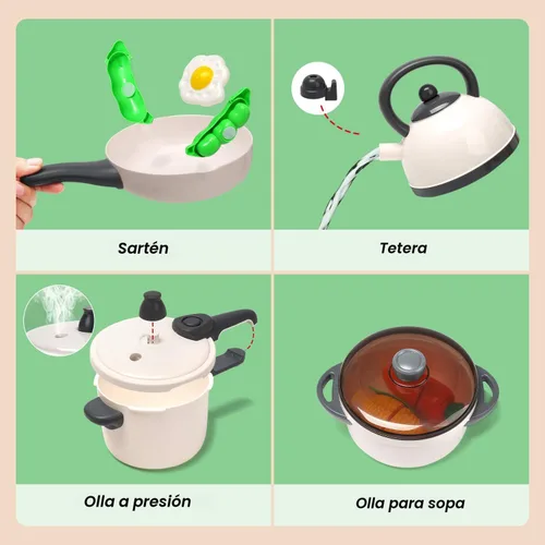 Miniatura 4 de CUTE STONE - Juguete de cocina de juego de roles con olla a presión de vapor y olla a presión y placa de inducción electrónica, utensilios de Blanco