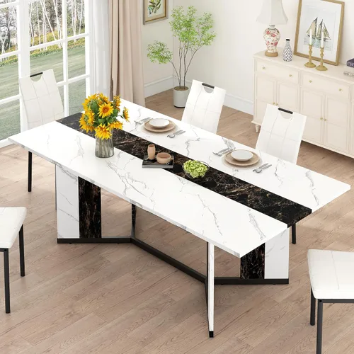 Miniatura 2 de Juego de mesa de comedor de 7 piezas para 4, 6 personas, mesa de cocina grande de madera larga de 71 pulgadas con 6 sillas acolchadas con mesa