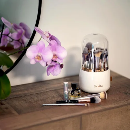Miniatura 8 de Soporte giratorio para brochas de maquillaje con tapa, organizador de tocador a prueba de polvo para brochas de maquillaje, cuenco limpiador