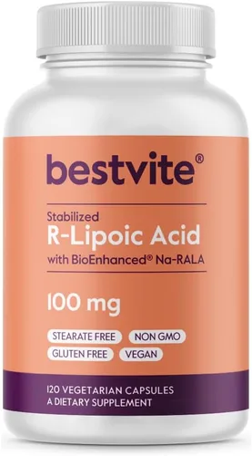 BESTVITE Ácido R-lipoico 100 mg estabilizado con Na-RLA Bio-Enhanced® (120 cápsulas vegetarianas) sin estearatos - Sin agentes de flujo - Vegano -
