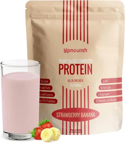 UpNourish - Polvo de proteína vegana de fresa y plátano con 54 superalimentos, 1.5 mil millones de CFU de probióticos, 21 g de proteína vegetal, sin