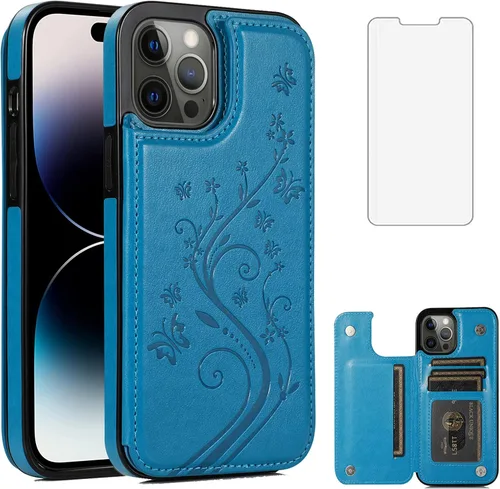 Funda compatible con iPhone 15 Pro Max de 6.7 pulgadas con protector de pantalla de vidrio templado y tarjetero con soporte para tarjetero, funda de