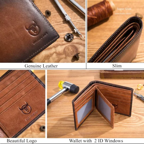 Miniatura 6 de BULLCAPTAIN Carteras RFID para hombres Slim Bifold Cuero Genuino Bolsillo Frontal Cartera con 2 ID Windows QB-05, Marrón, Retro