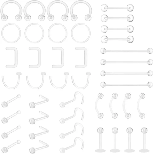 Juego de 44 piezas de piercings de nariz transparentes, juego de piercings de acrílico para labios, flexible para nariz, lengua, vientre, ceja,