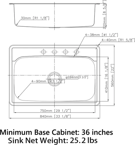 Miniatura 5 de Sinber MT3322C Fregadero de Cocina Empotrable de Un Solo Compartimento de 33" x 22" x 9" con Acero Inoxidable 304 Calibre 18 Acabado Satinado