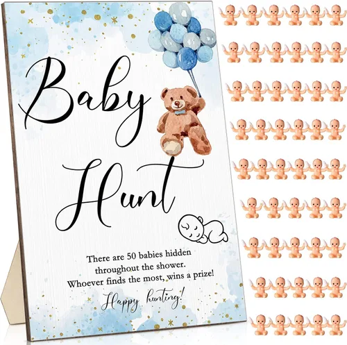 Miniatura 10 de Roowest Los juegos de baby shower de 51 piezas incluyen letrero de caza de madera, 50 mini juegos de plástico para baby shower, revelación