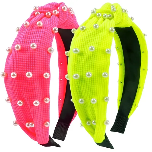 KICOSY 2 diademas anudadas de neón con decoración de perlas, diademas rosa neón y amarillo para mujer, accesorios retro de los años 80 y 90 para