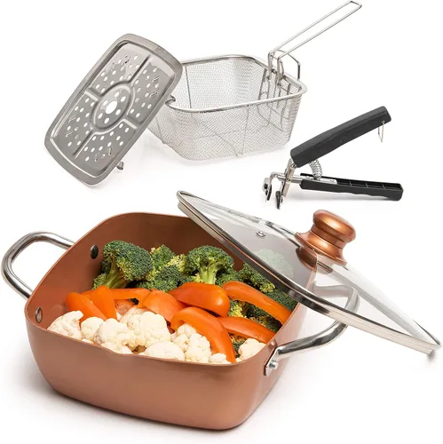Miniatura 12 de Moss & Stone 7 piezas de utensilios de cocina de chef de cobre, sartén antiadherente de 9.5 x 3.5 pulgadas, cesta para freír, apta para lavavajillas