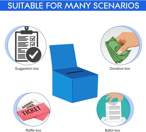 Miniatura 3 de 30 cajas para rifas, urnas de donación para recaudación de fondos, caja de cartón de 6.5 x 4.5 x 4.8 pulgadas con ranura para boletos y cabecera Azul