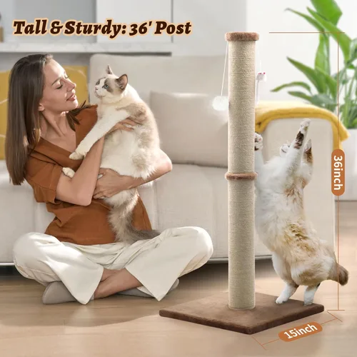 Miniatura 5 de Poste rascador para gatos de 36 pulgadas de alto, poste rascador de sisal grande para gatos de interior, torre rascadora resistente para gatos
