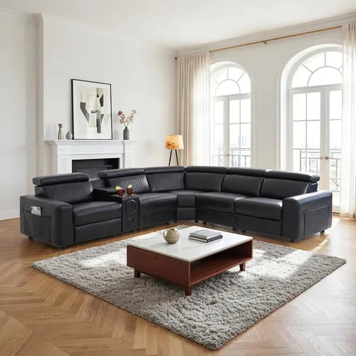 Miniatura 11 de Breathing Leather Sectional Sofa with Dual Power Recliner, 6 Seater L Shaped Reclining Couch for Living Room, Sectional Couch with Reading Lamp/USB
